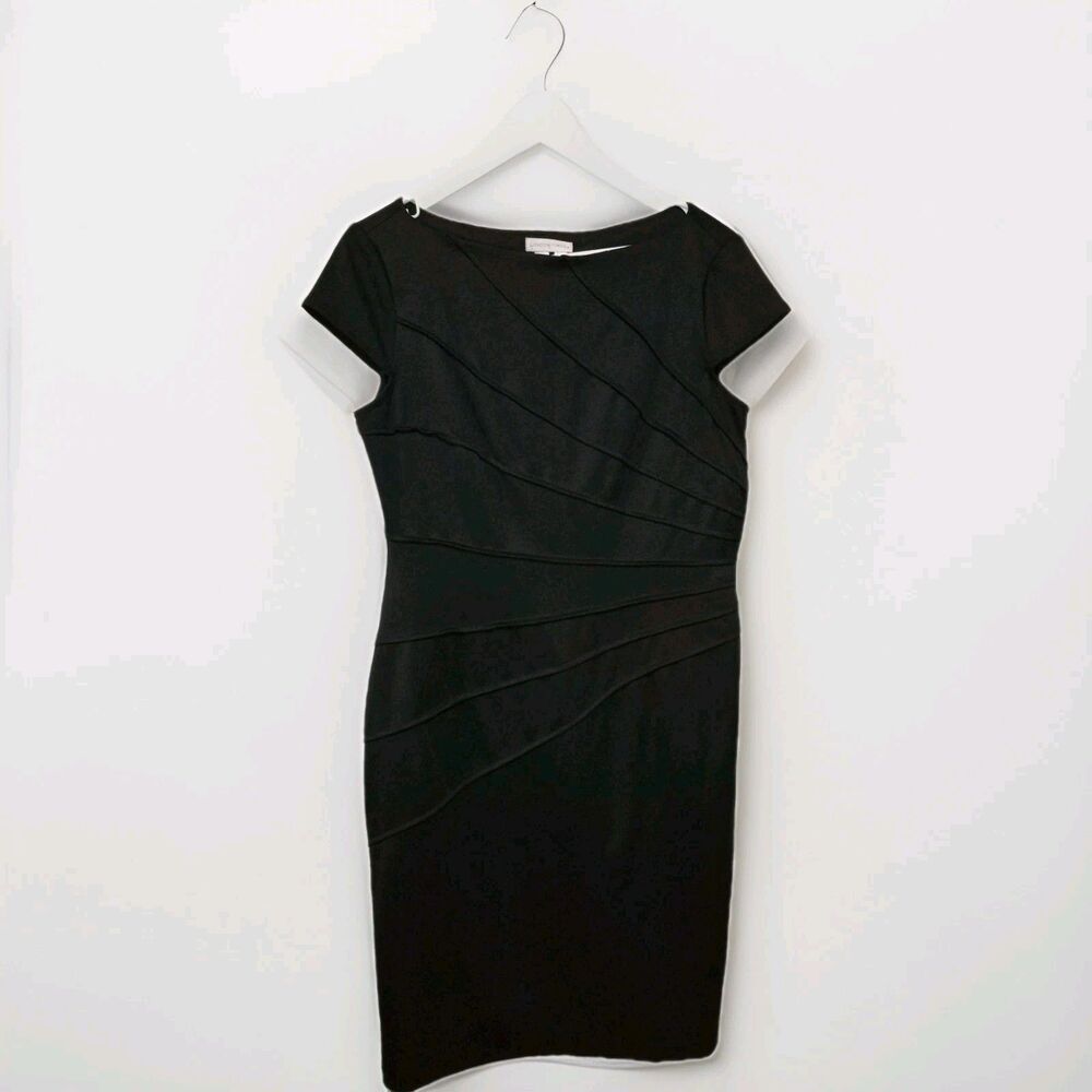 London Times Black Short Sleeve Sheath Midi Dress